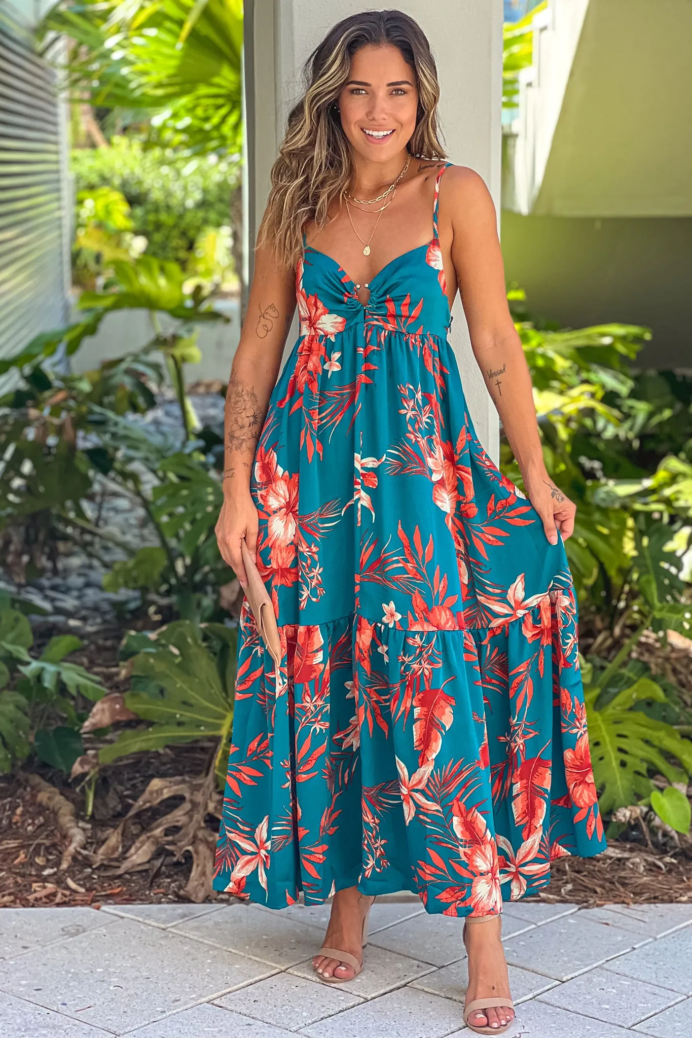 Teal Floral Maxi Dress With Front Detail