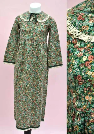 Vintage 70s Girl's Liberty Print Green Floral Maxi Dress • 70s Maxi • Anthea Proud • Cotton