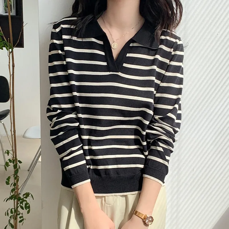 Wenkouban 2022 New Spring Autumn Stripe Women Tshirt Apricot Polo Collar Long Sleeve Top Casual All-Match Korea Fashion Tee Shirt Femme