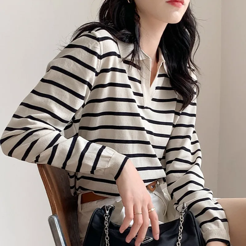 Wenkouban 2022 New Spring Autumn Stripe Women Tshirt Apricot Polo Collar Long Sleeve Top Casual All-Match Korea Fashion Tee Shirt Femme