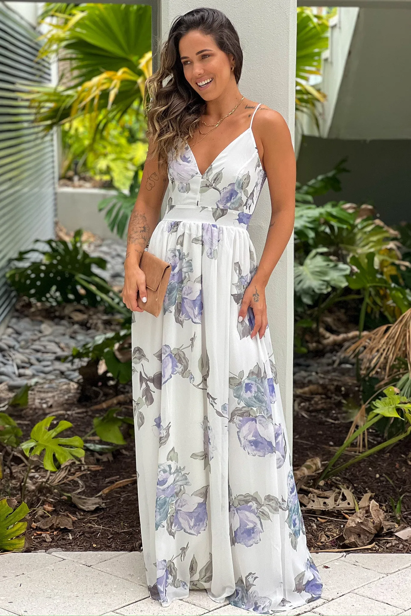 White And Lavender Floral Maxi Dress With Lace Back