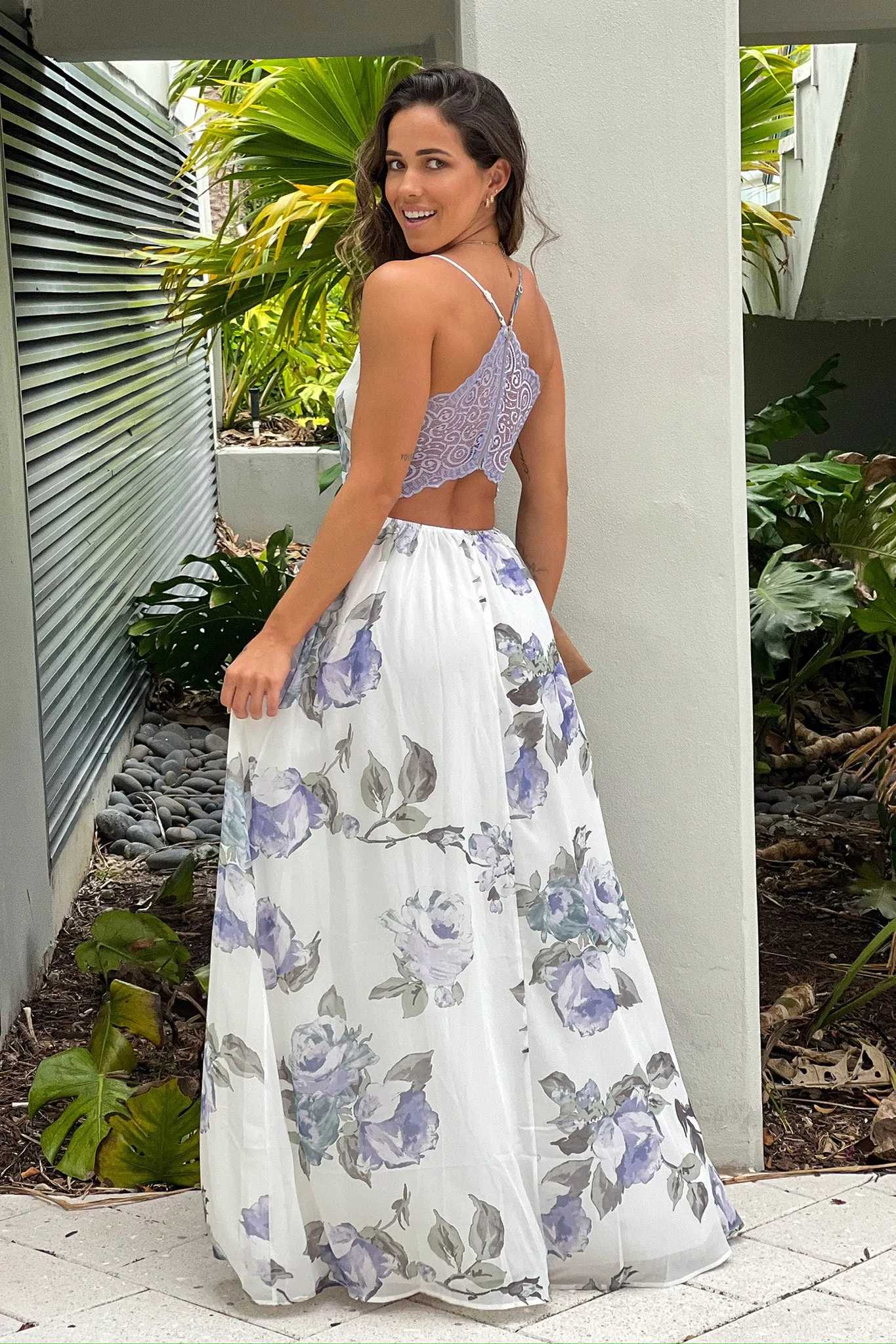 White And Lavender Floral Maxi Dress With Lace Back