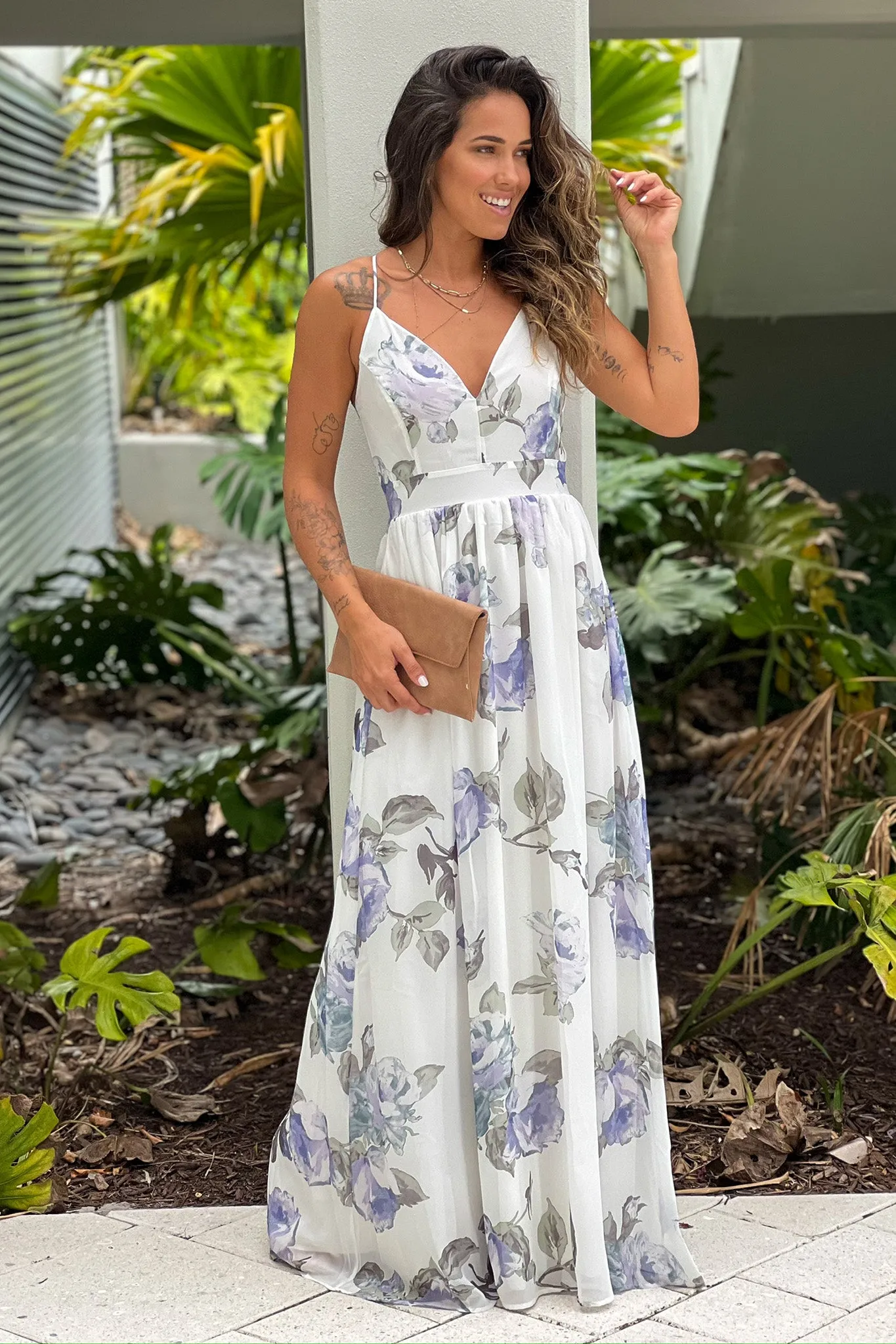 White And Lavender Floral Maxi Dress With Lace Back