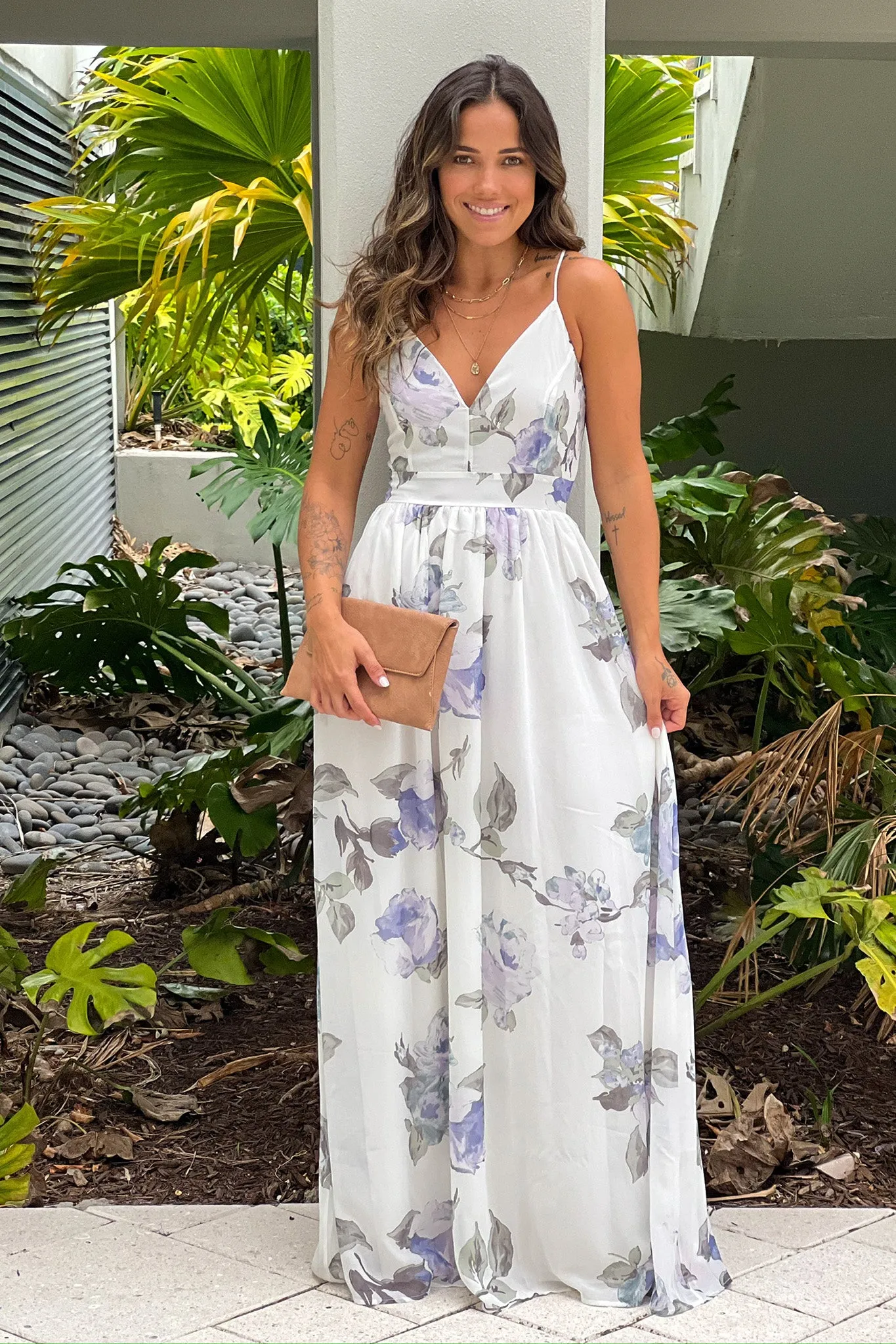 White And Lavender Floral Maxi Dress With Lace Back