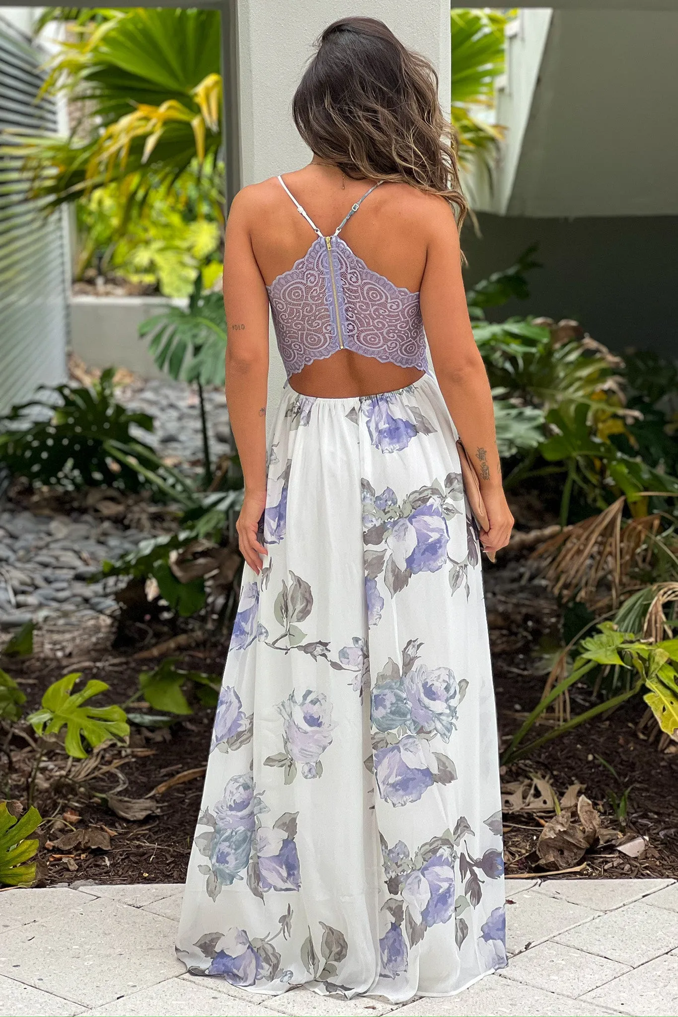 White And Lavender Floral Maxi Dress With Lace Back