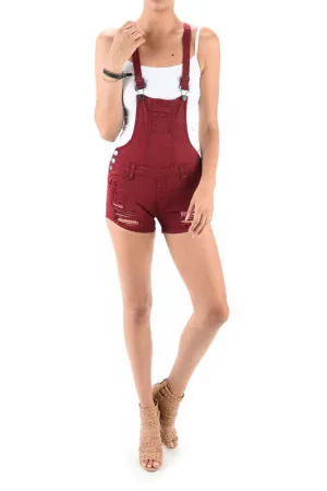 Women's Destroyed Color Denim Short Overalls