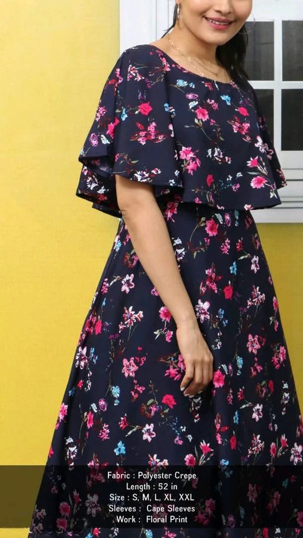 Women's Navy Blue Printed Maxi Length Dress