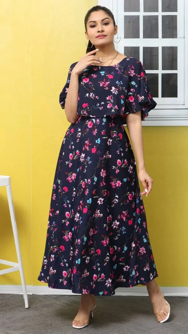 Women's Navy Blue Printed Maxi Length Dress