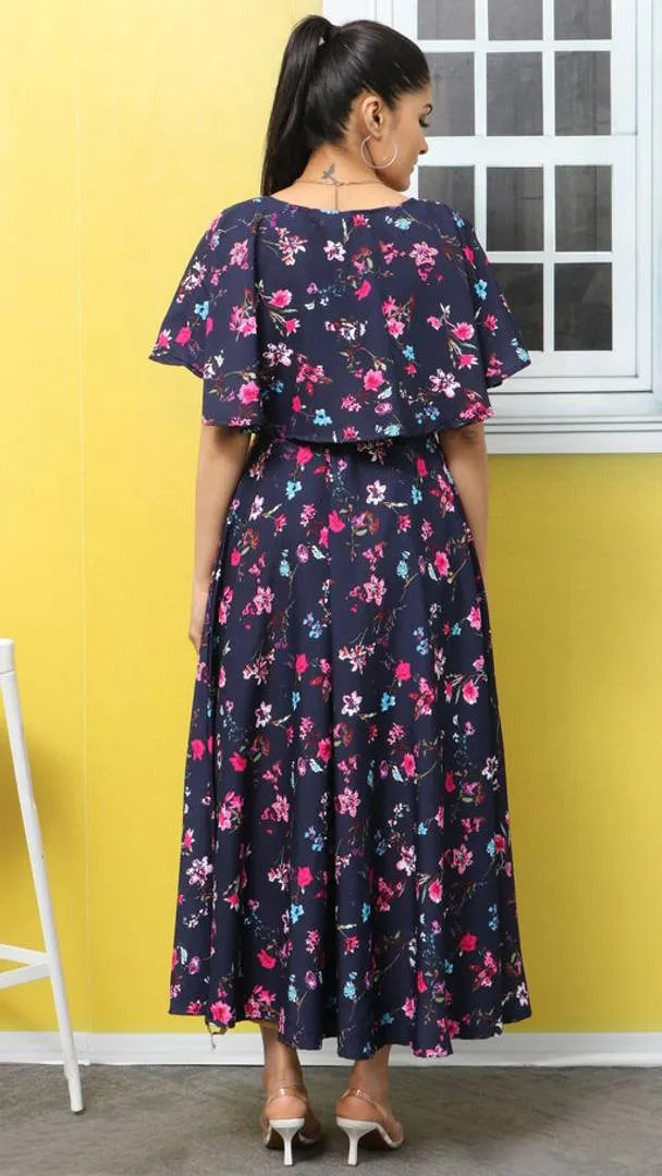 Women's Navy Blue Printed Maxi Length Dress