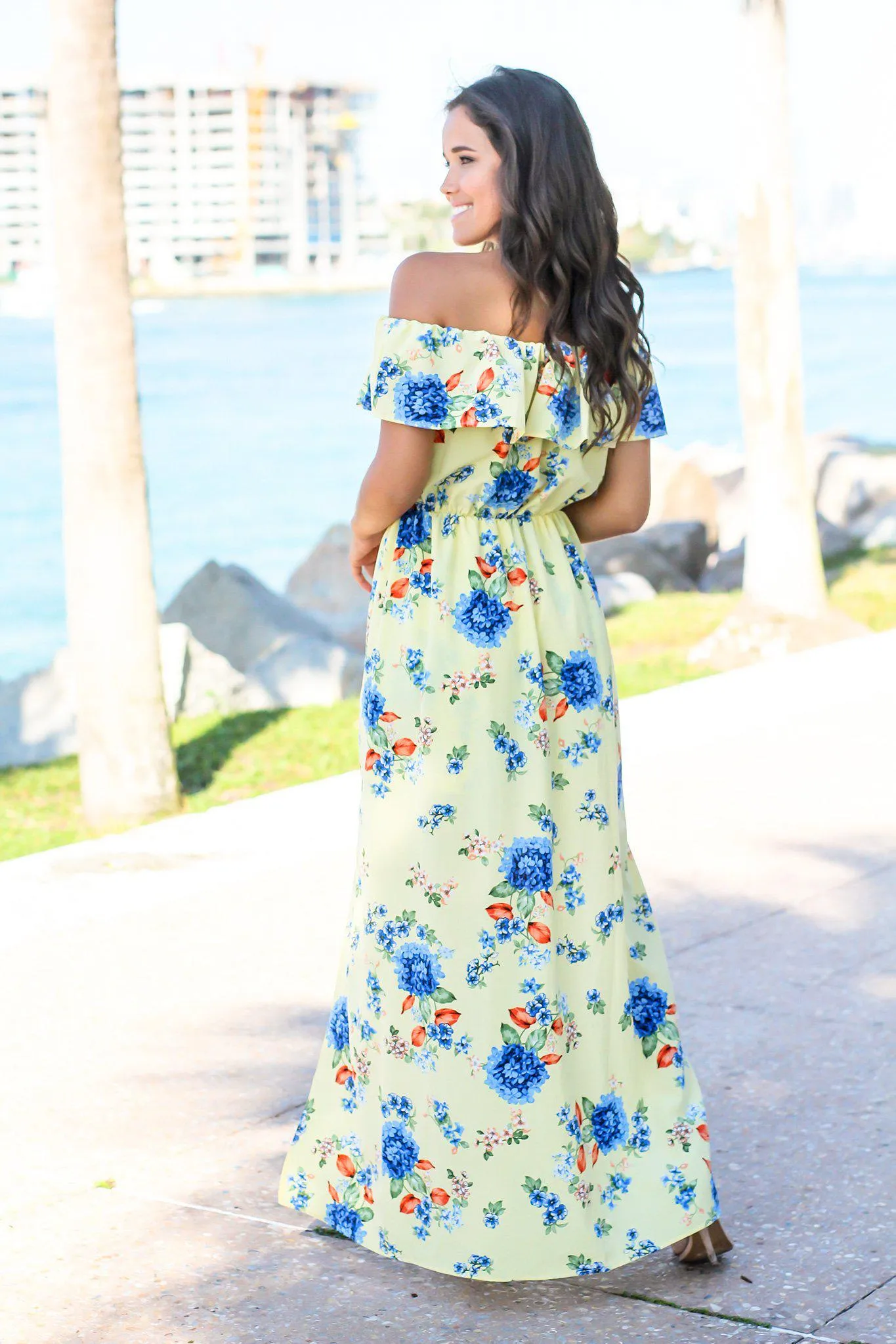 Yellow Off Shoulder Floral Maxi Romper