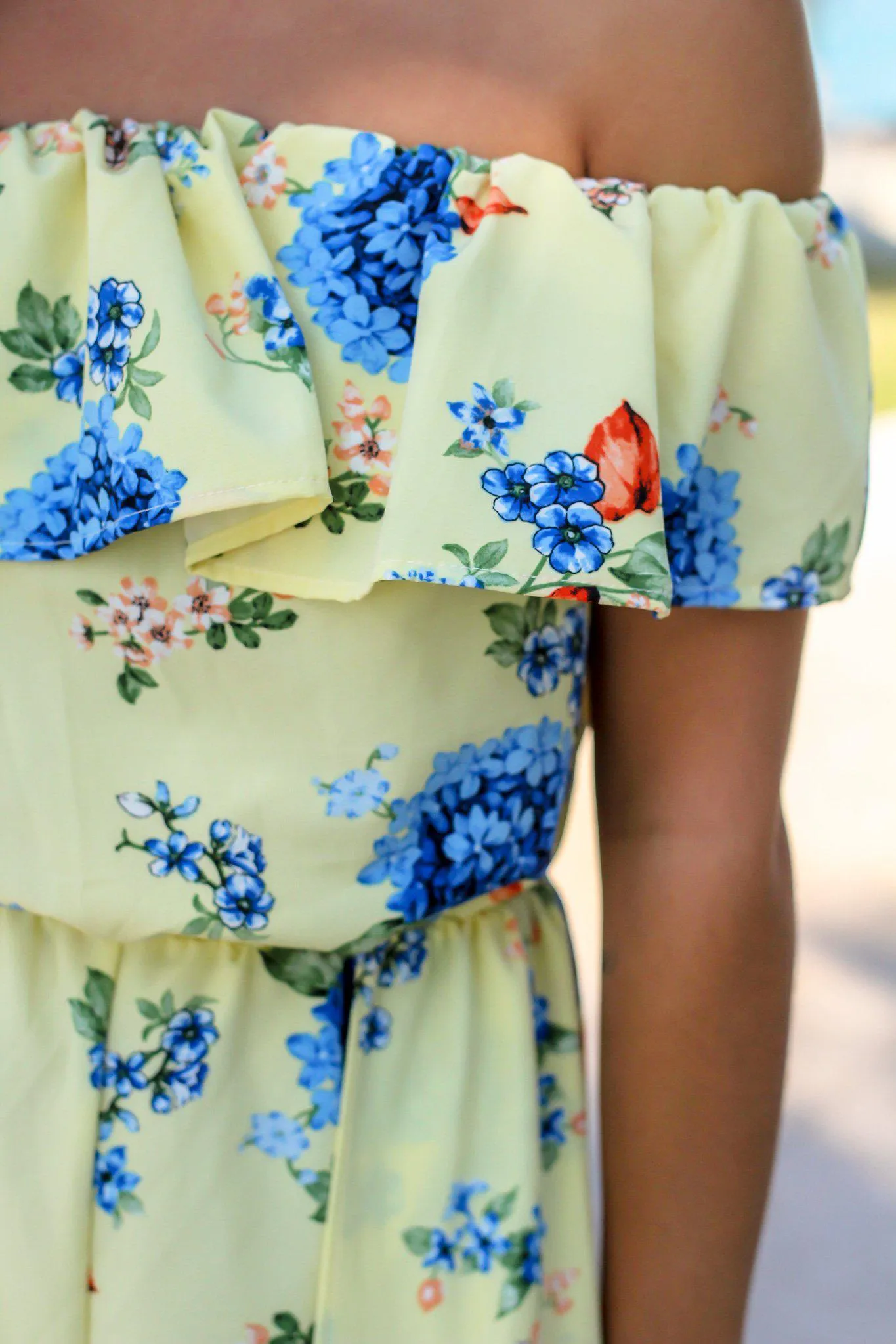 Yellow Off Shoulder Floral Maxi Romper