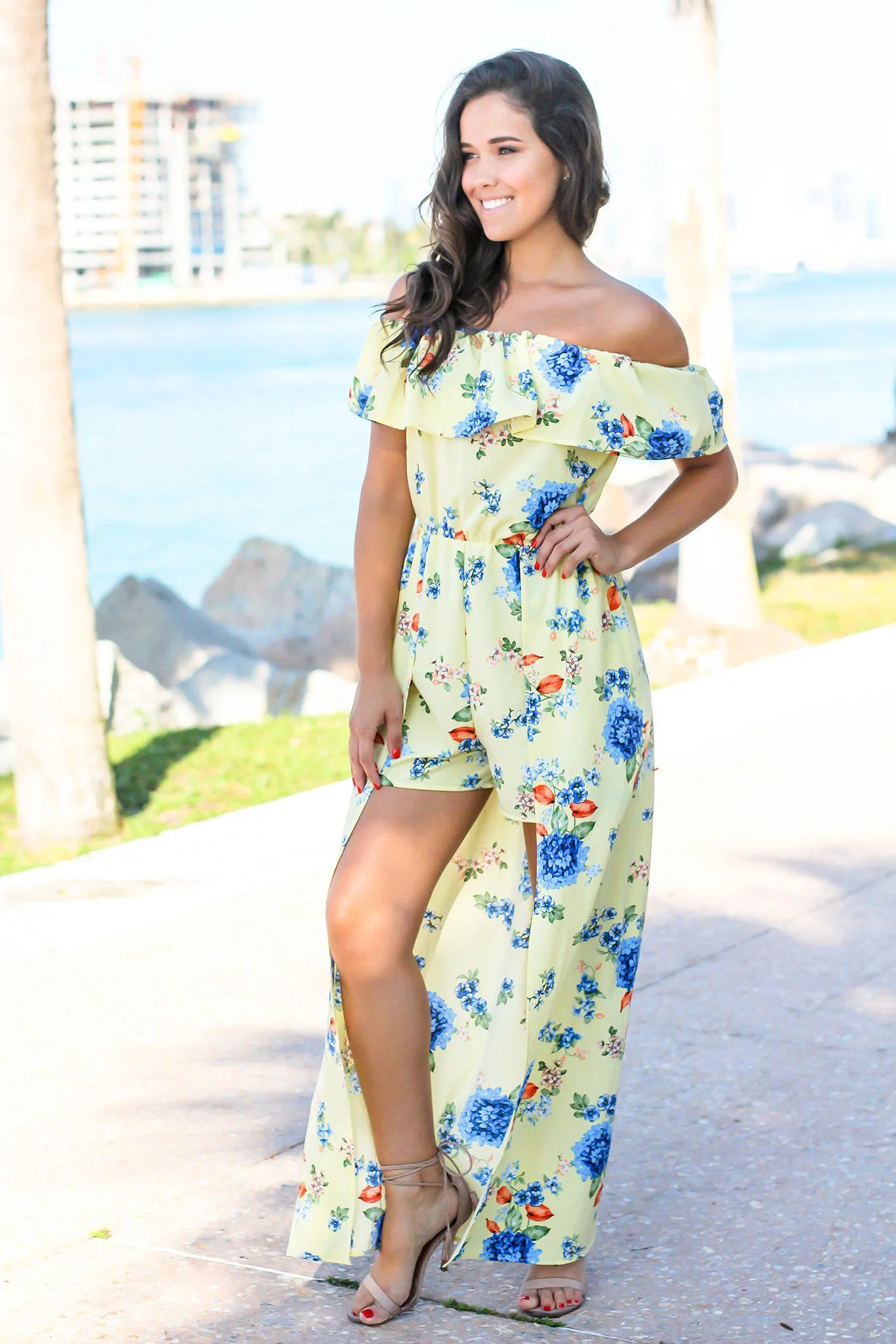 Yellow Off Shoulder Floral Maxi Romper