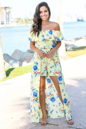 Yellow Off Shoulder Floral Maxi Romper