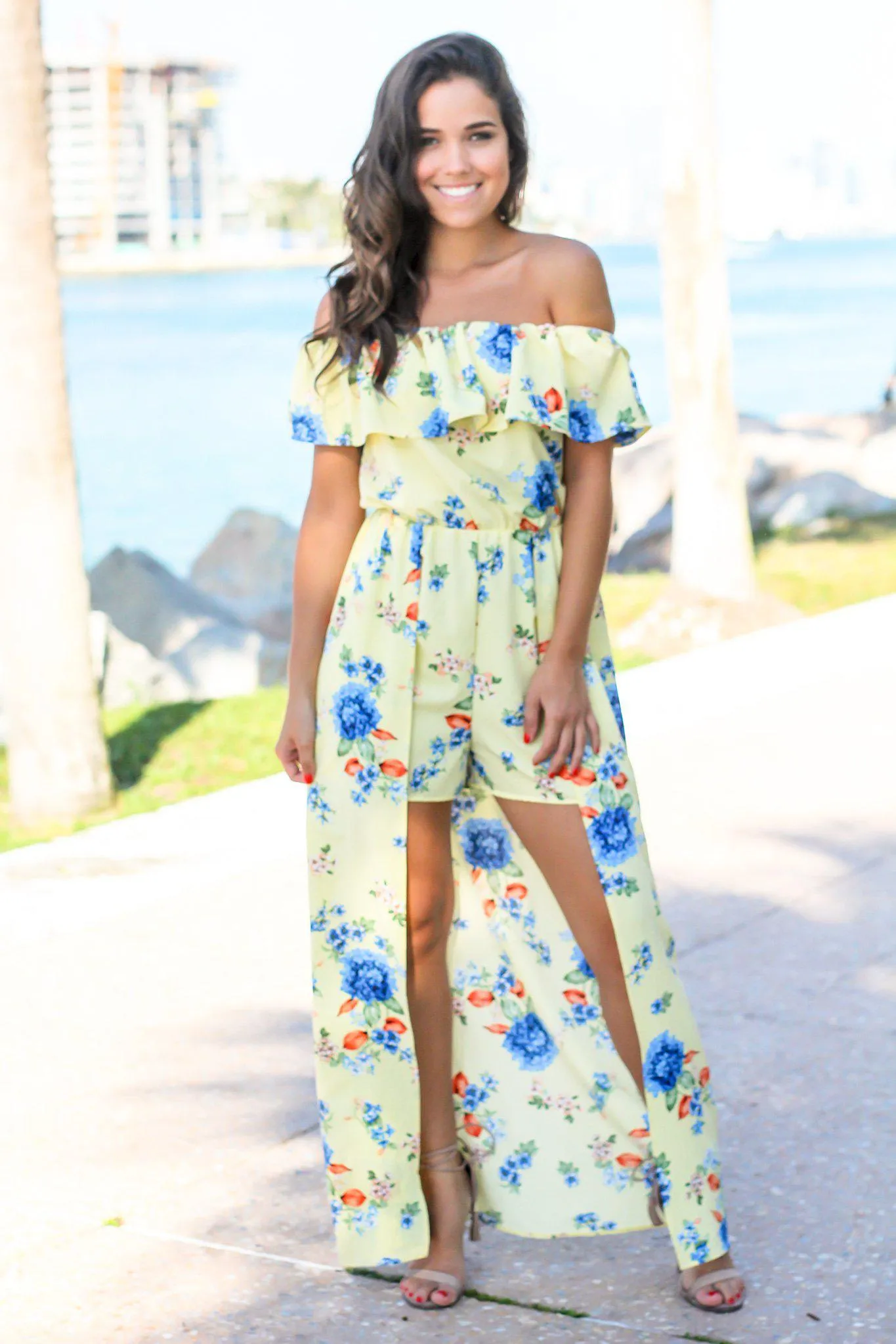 Yellow Off Shoulder Floral Maxi Romper